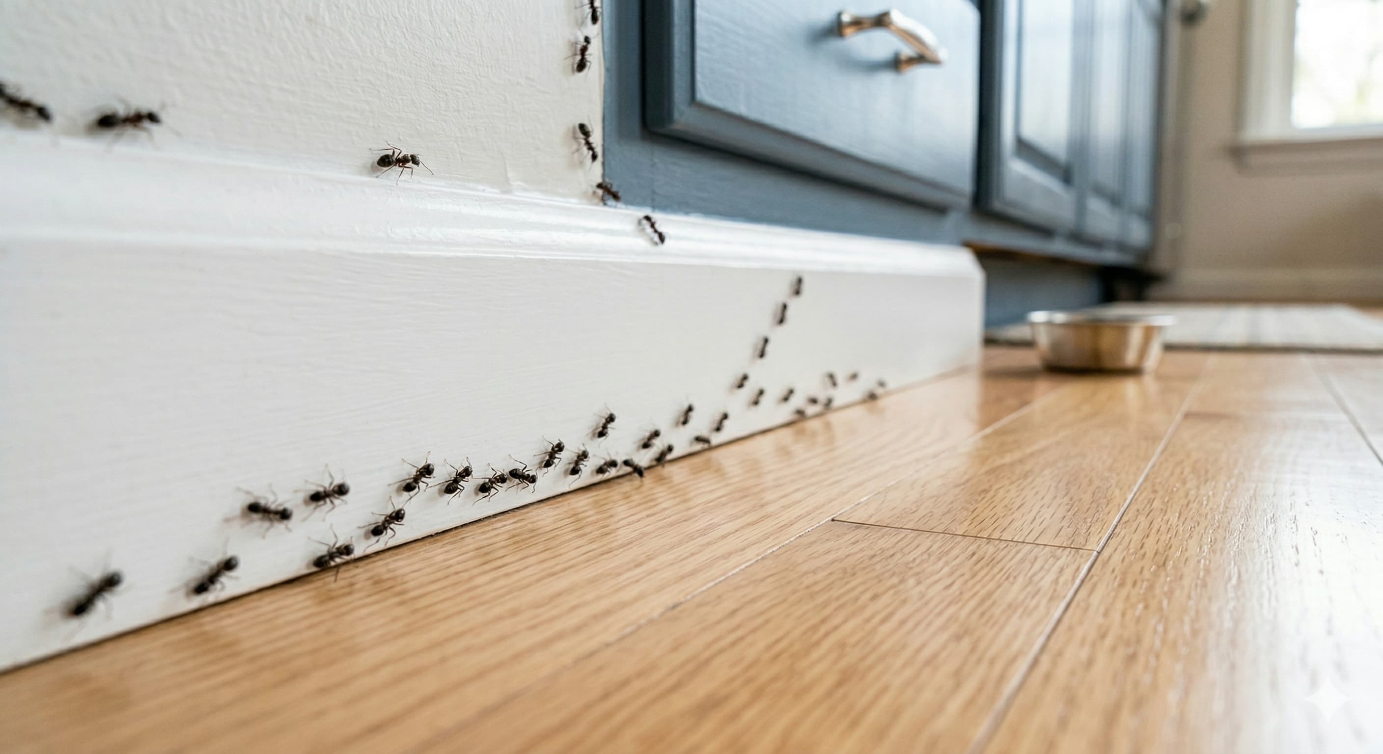 Ants along a kitchen baseboard — common household pest in Los Angeles
