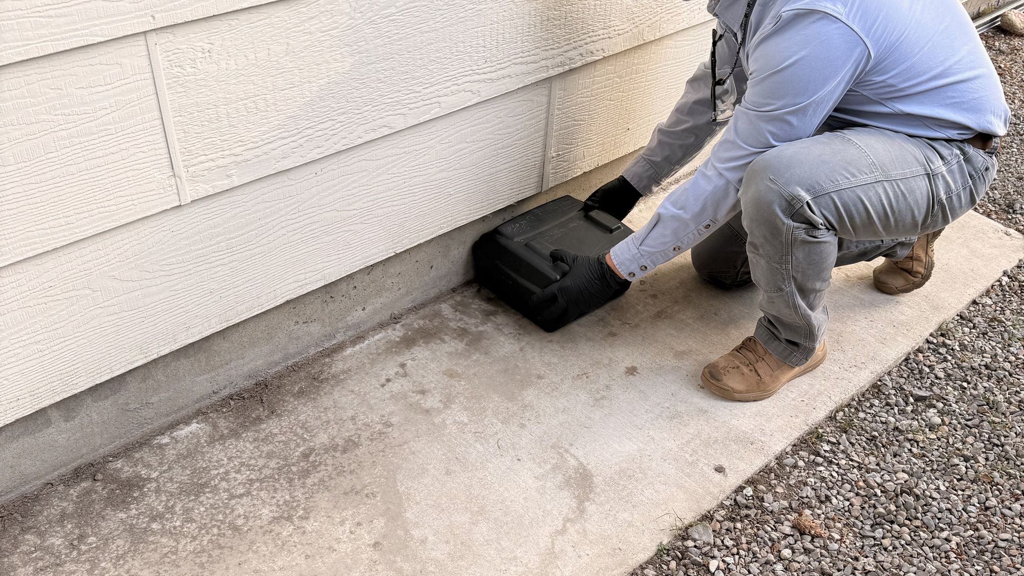 Technician placing a rodent bait station along a foundation
